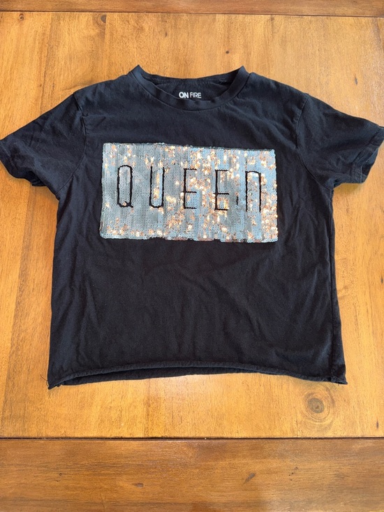 On Fire Tops - On Fire Black Tee with Silver and Rose-Gold Reversible Sequin 'QUEEN' Panel